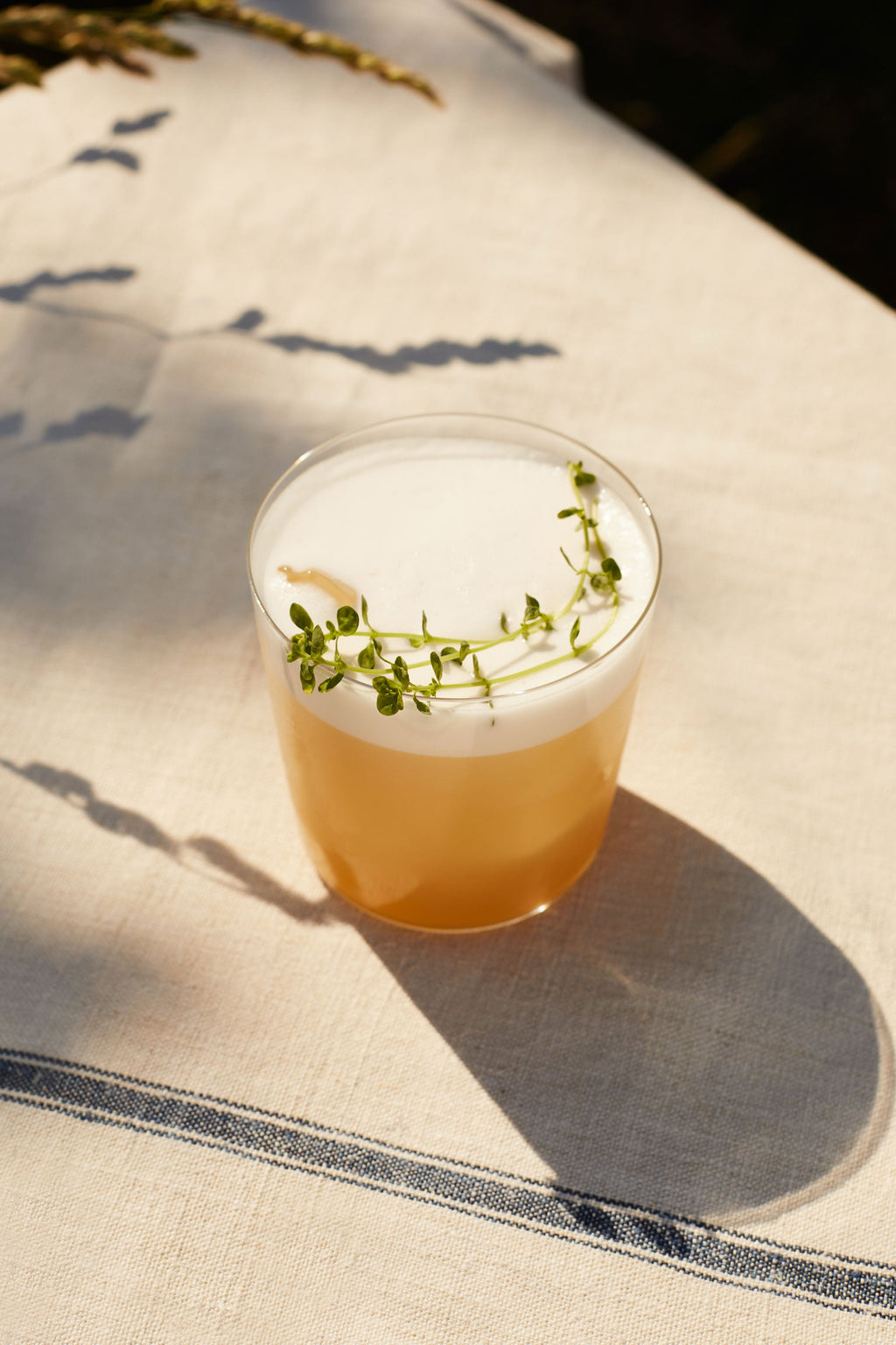 A Whiskey Sour in a tumbler with foam and thyme, on sunlit linen