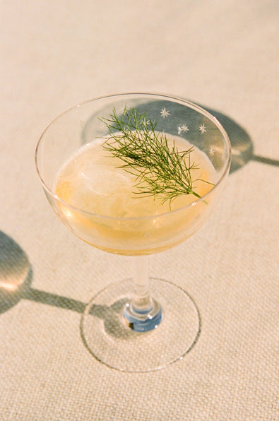 A Smoky Apricot in a coupe with a fennel frond, shot from above on linen