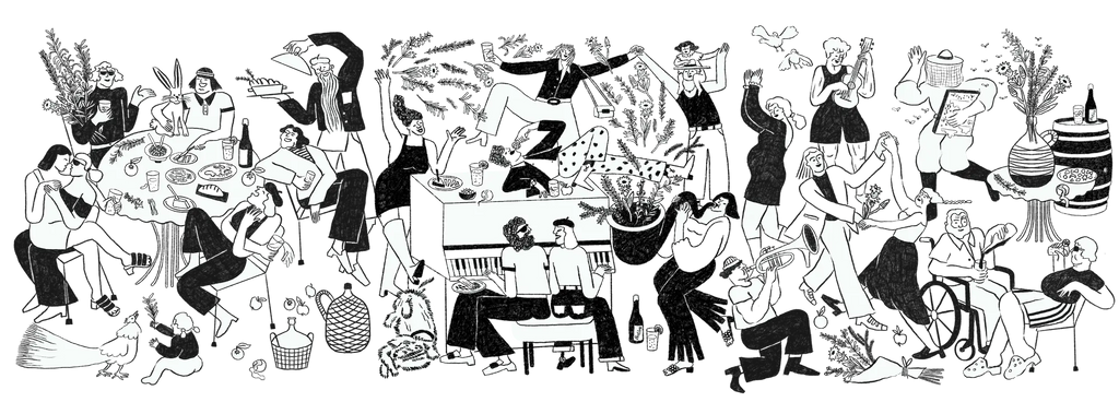 Black and white illustration of a busy Botivo party scene with people dancing and sharing food