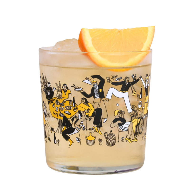 Botivo branded illustrated tumbler filled with Botivo, ice and an orange slice