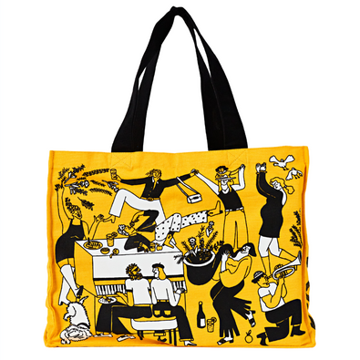 Yellow Botivo tote bag with black illustrated party scene artwork