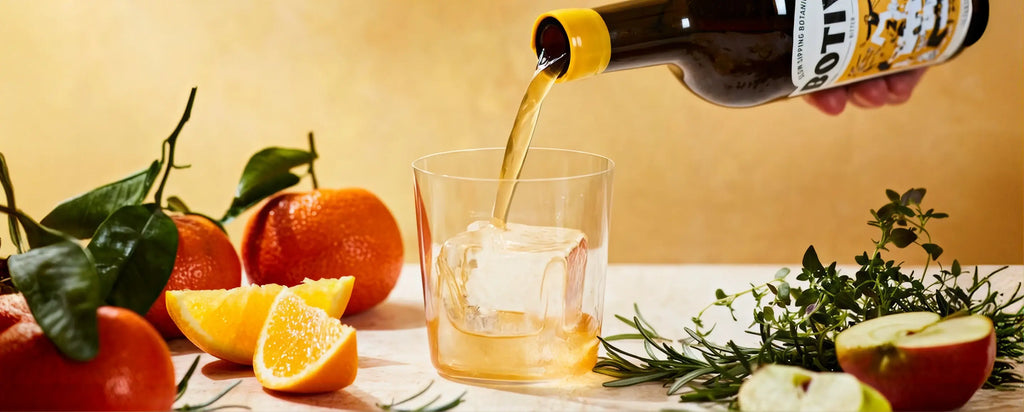 Botivo being poured over ice into a tumbler, surrounded by oranges and fresh rosemary