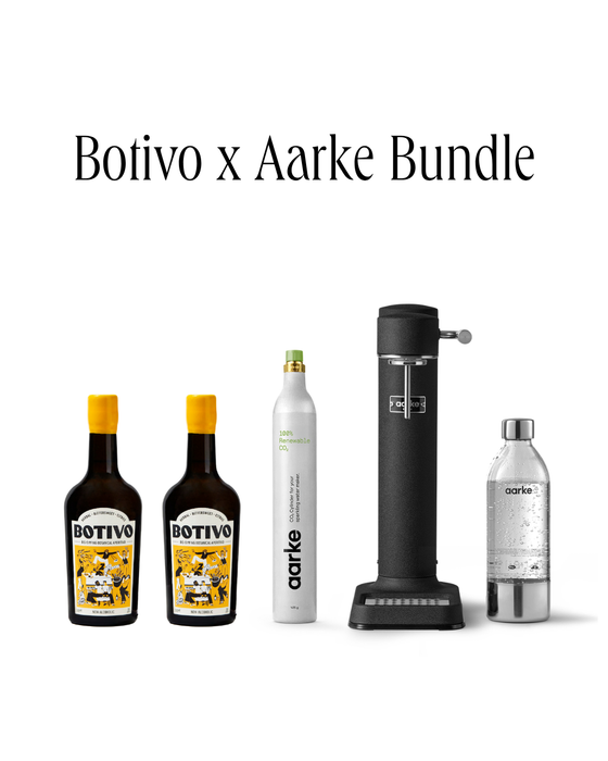 Botivo x Aarke bundle: two bottles of Botivo, an Aarke sparkling water maker, gas cylinder and bottle