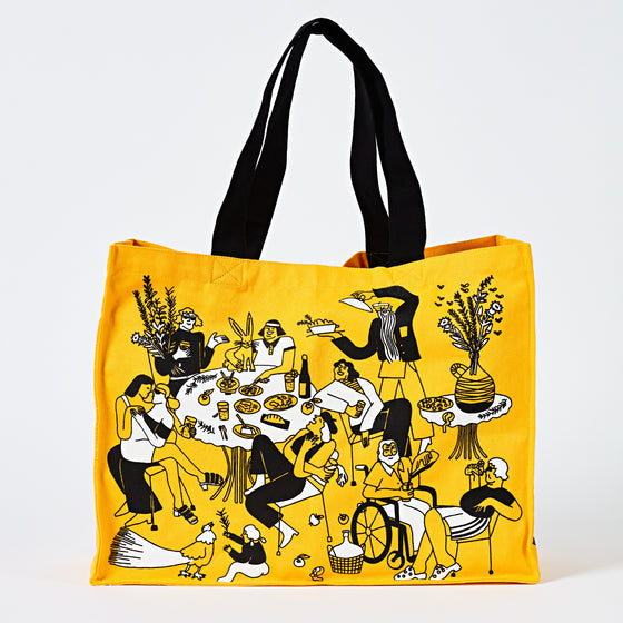 Yellow Botivo tote bag with black illustrated party scene artwork