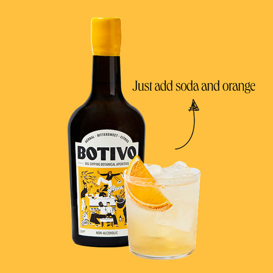 Botivo Batch 46 bottle and a glass of Botivo with orange: just add soda and orange