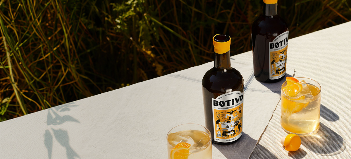  Two Botivo bottles and glasses of Botivo with orange on a sunlit ledge 