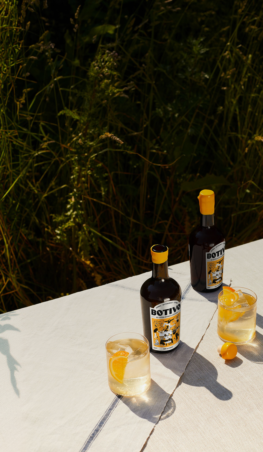  Two Botivo bottles and glasses of Botivo with orange on a sunlit ledge 