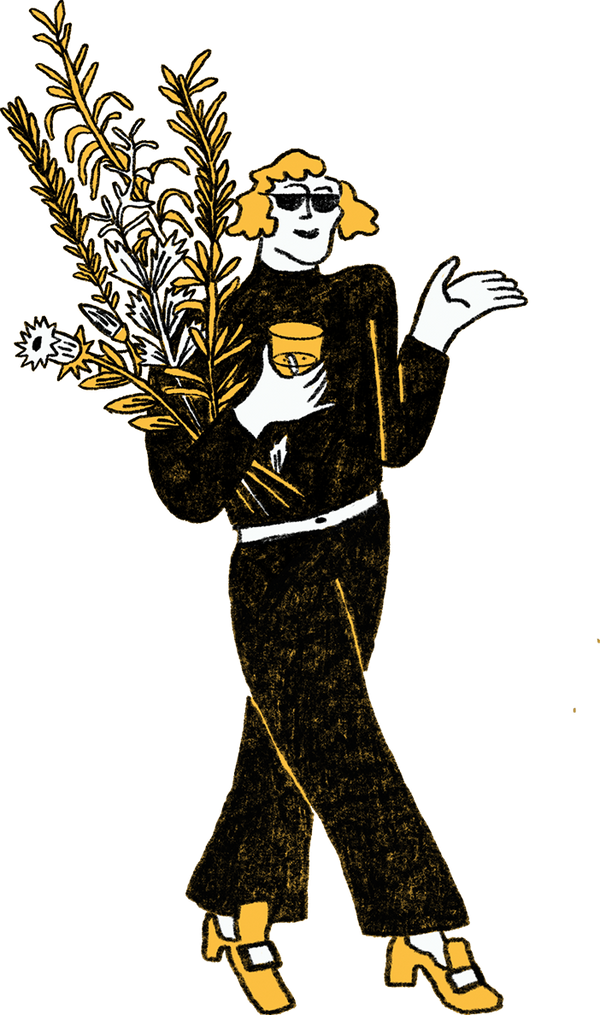  Illustration of Freddie, a Botivo character in sunglasses carrying an armful of botanicals 