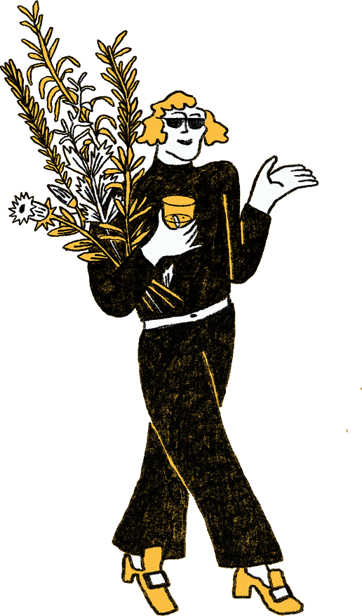  Illustration of Freddie, a Botivo character in sunglasses carrying an armful of botanicals 
